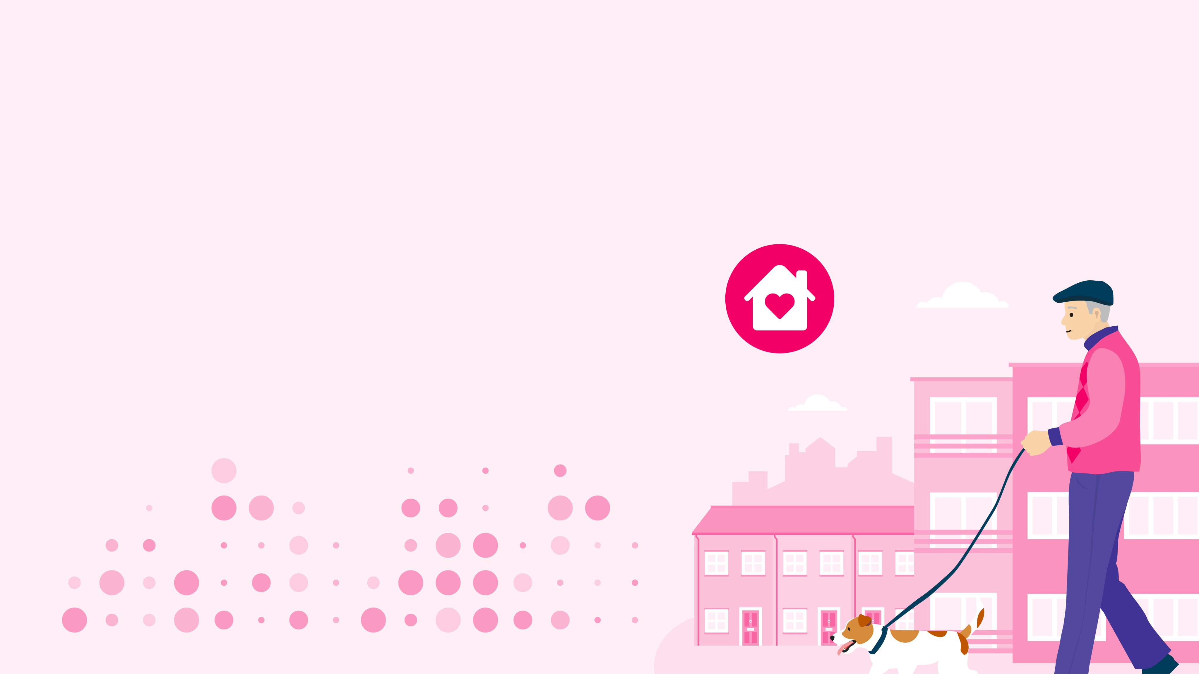 A man walking his dog in front of some homes, houses and flats. With the logo of a heart inside a house, inside a circle.  Mainly in various shades of pink.